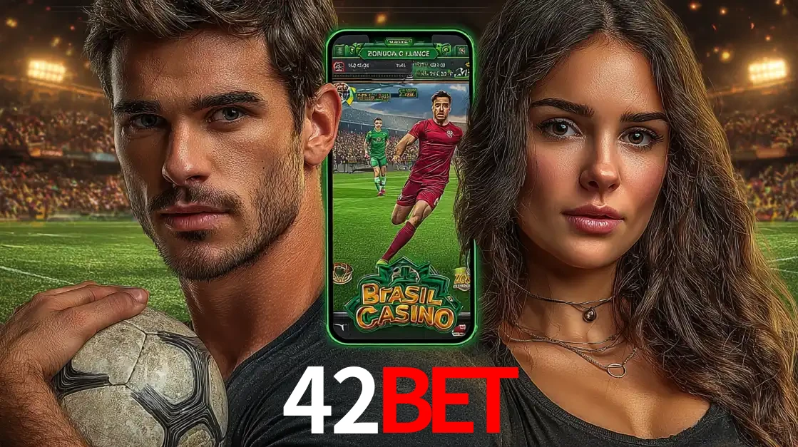 Homem segurando uma bola de futebol e uma mulher ao lado de um smartphone exibindo o jogo de apostas esportivas da 42BET. Faça seu palpite no cassino online.
